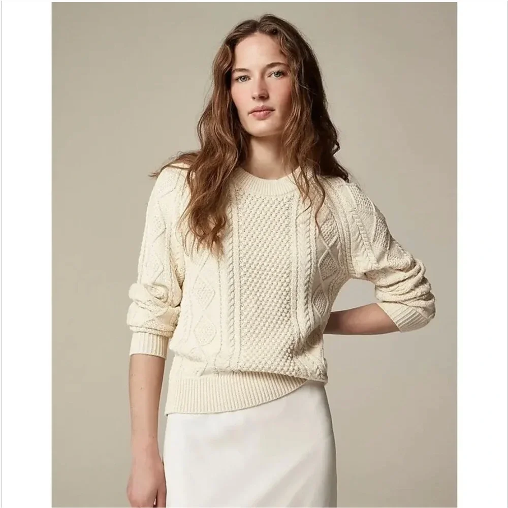 J.CREW Sweater Cream Crew Neck Pullover Cotton Cable Knit Fisherman
